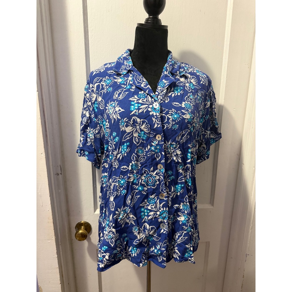 Fashion Bug Vintage Blue Floral Button Down Short Sleeve Top Size 14